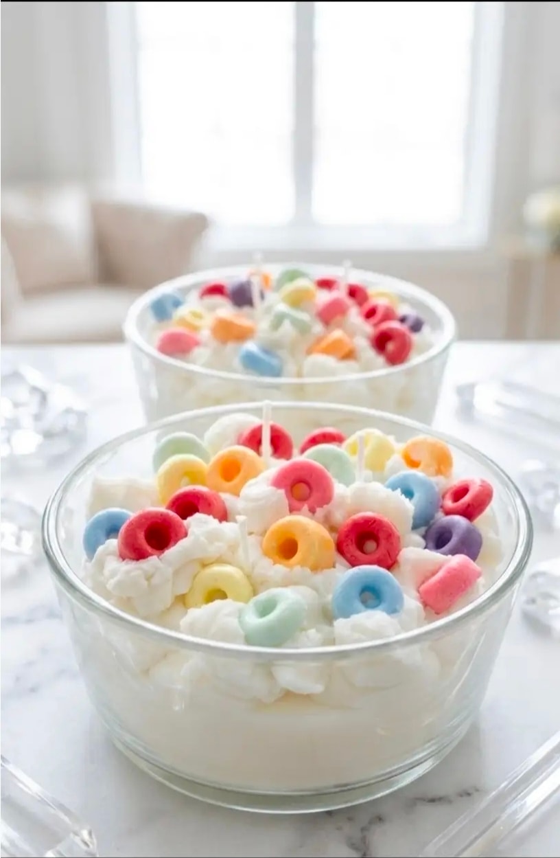 Colorful Fruit Loops-inspired handmade candle display